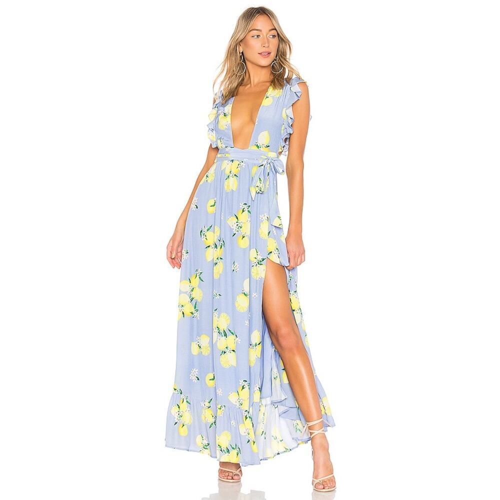 Majorelle Sweet Pea Yellow And Blue Lemon Ruffle Wrap Maxi Dress Size L